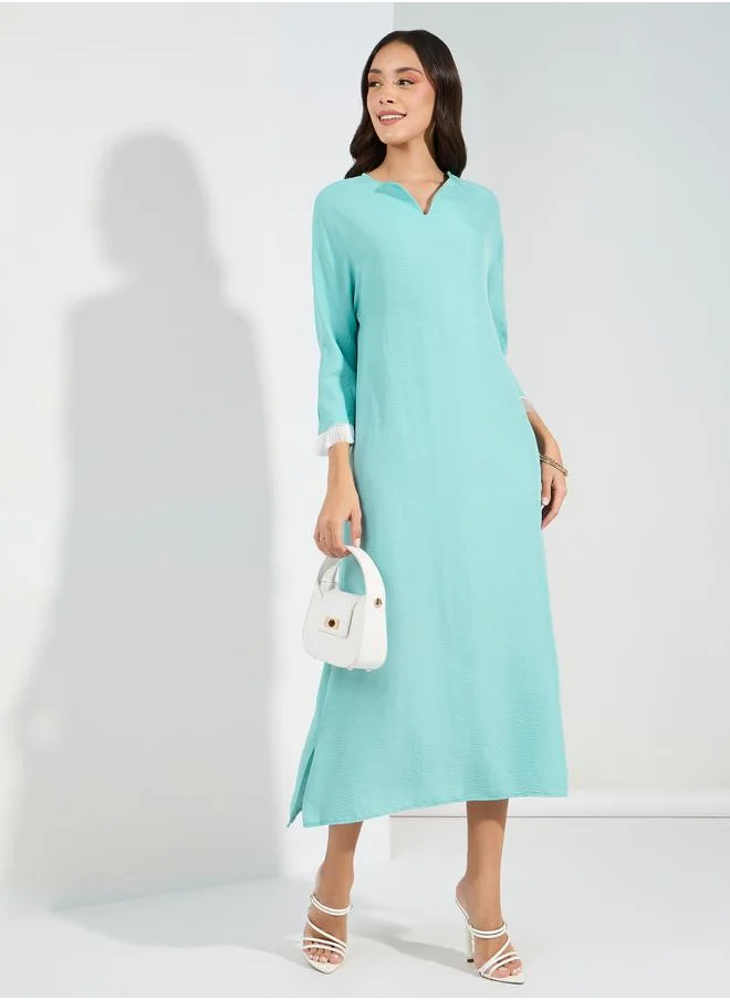Styli Fringe Trim Notch Neck Jalabiya