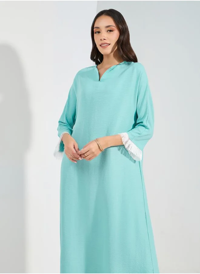 Styli Fringe Trim Notch Neck Jalabiya