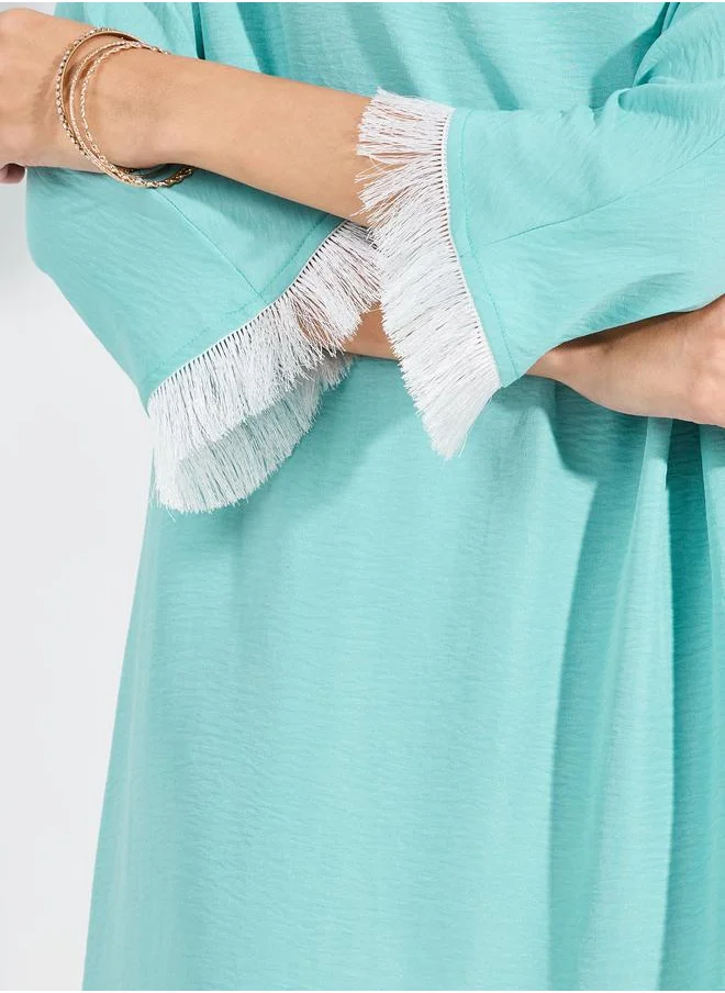 Styli Fringe Trim Notch Neck Jalabiya
