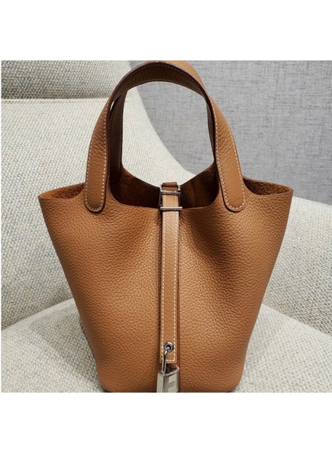 McKendall Arrival Vegetable Basket Bucket Bag Fashionable Shoulder Handbag Top Layer Cowhide Litchi Pattern Togo Leather Genuine Leather Women's Bag - Image 2
