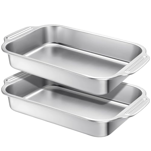 Funnymoom 2 Pcs Stainless Steel Cake Pan 9 x 13 Inch Baking Pan with Handle Rectangle Baking Bakeware for Fish Cakes Breads Casseroles Vegetables Dishwasher Safe - Image 1