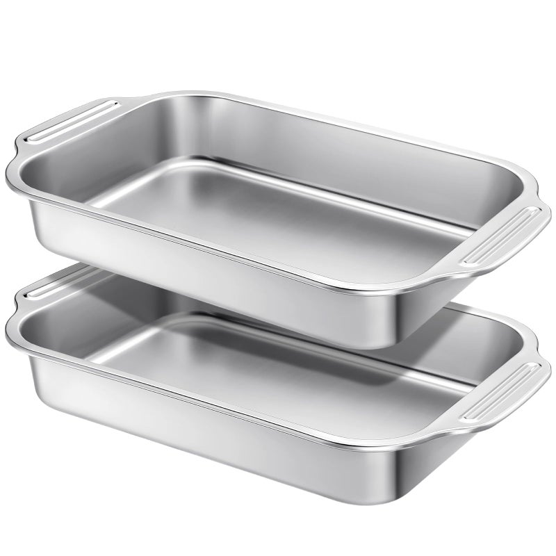 Funnymoom 2 Pcs Stainless Steel Cake Pan 9 x 13 Inch Baking Pan with Handle Rectangle Baking Bakeware for Fish Cakes Breads Casseroles Vegetables Dishwasher Safe - Image 2