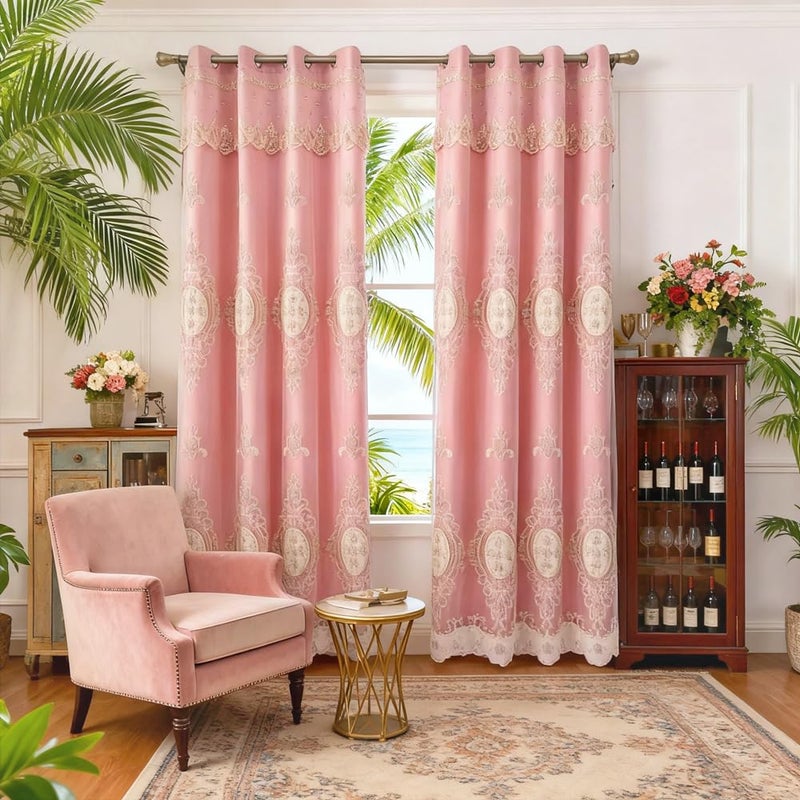 Amidoudou 1 Pair European Double Layer Curtains with Valances for Living Room Bedroom Luxury 3D Flower Embroidered Curtains (Pink,52x90 Inch) - Image 2