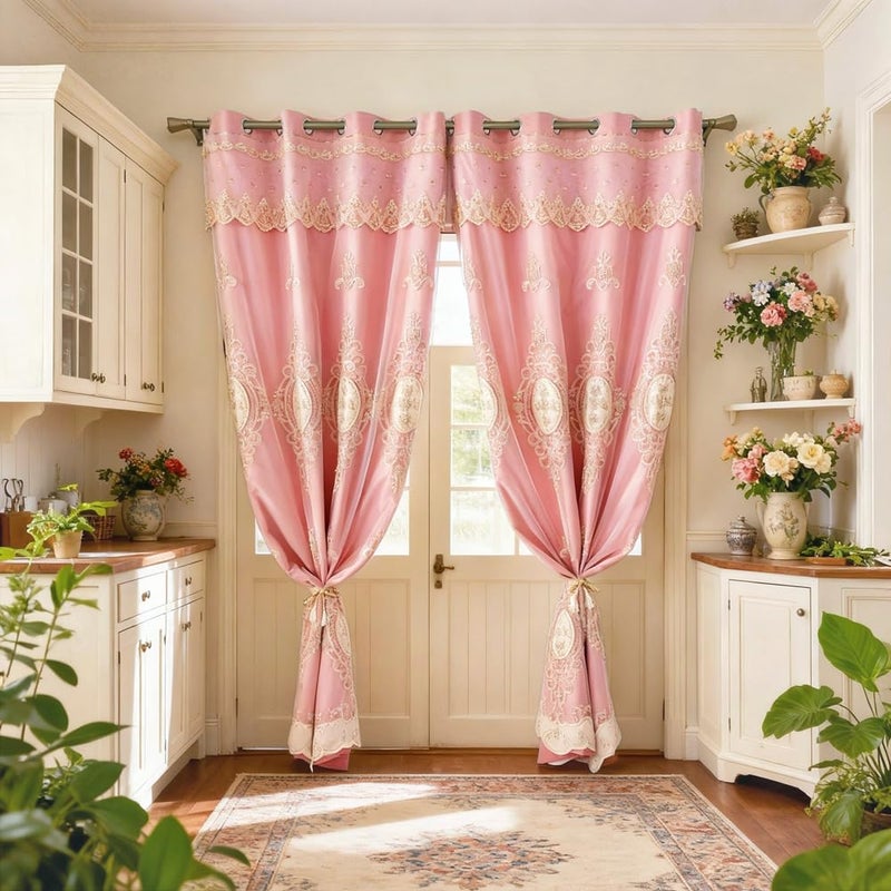 Amidoudou 1 Pair European Double Layer Curtains with Valances for Living Room Bedroom Luxury 3D Flower Embroidered Curtains (Pink,52x90 Inch) - Image 3