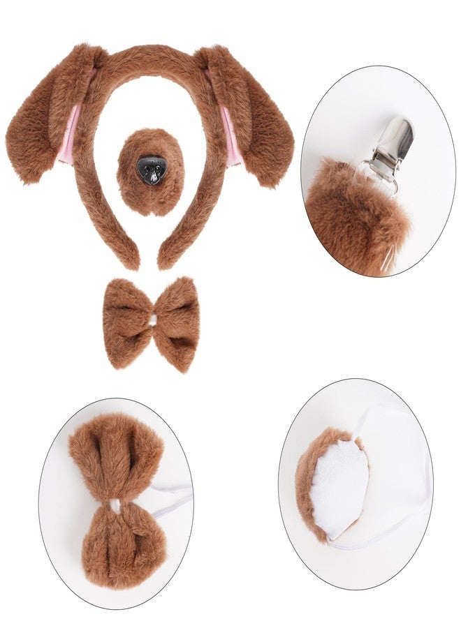 Jmkcoz 4 Pieces Animal Puppy Dog Costume Set Brown Puppy Dog Ears Headband Tail Nose Bowtie for Halloween Cosplay Dress Up Party - Image 3