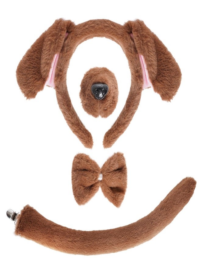 Jmkcoz 4 Pieces Animal Puppy Dog Costume Set Brown Puppy Dog Ears Headband Tail Nose Bowtie for Halloween Cosplay Dress Up Party - Image 1