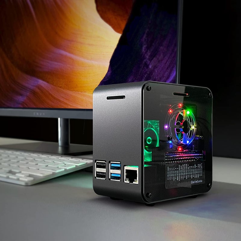 ElectroCookie Raspberry Pi 4 Case, Aluminum Mini Tower Case with Cooling Fan and Color Changing Ambient Light (Matte Black & Dark Gray) - Image 2