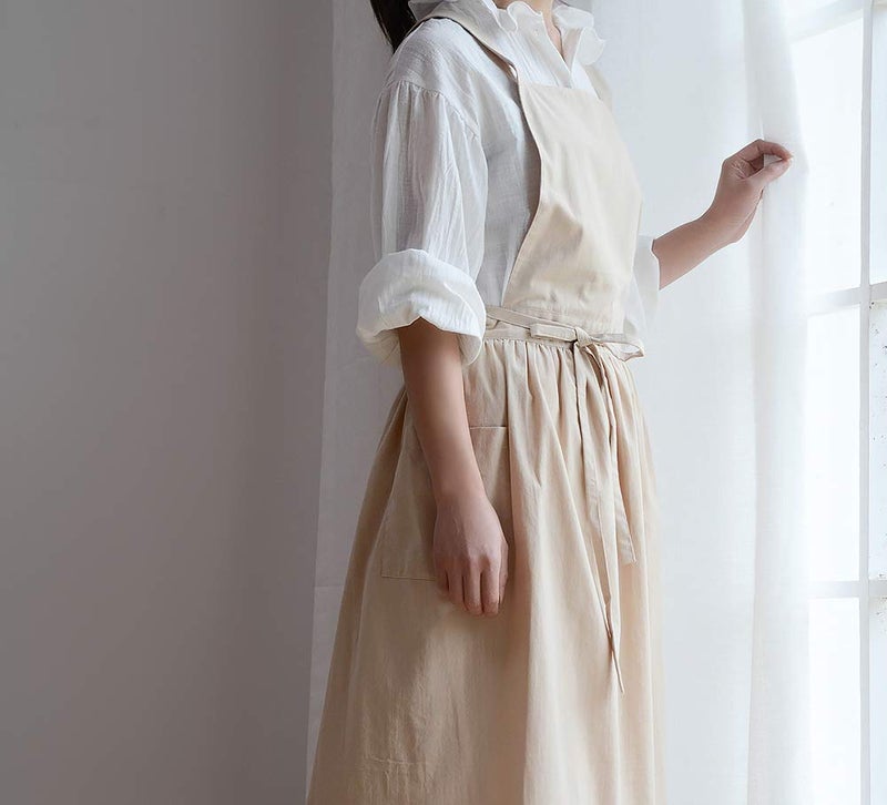 losofar Cotton Pleated Apron Retro Waterdrop Proof Garden Cleaning Pinafore Dress (Wheat  103cmx86cm) - Image 5