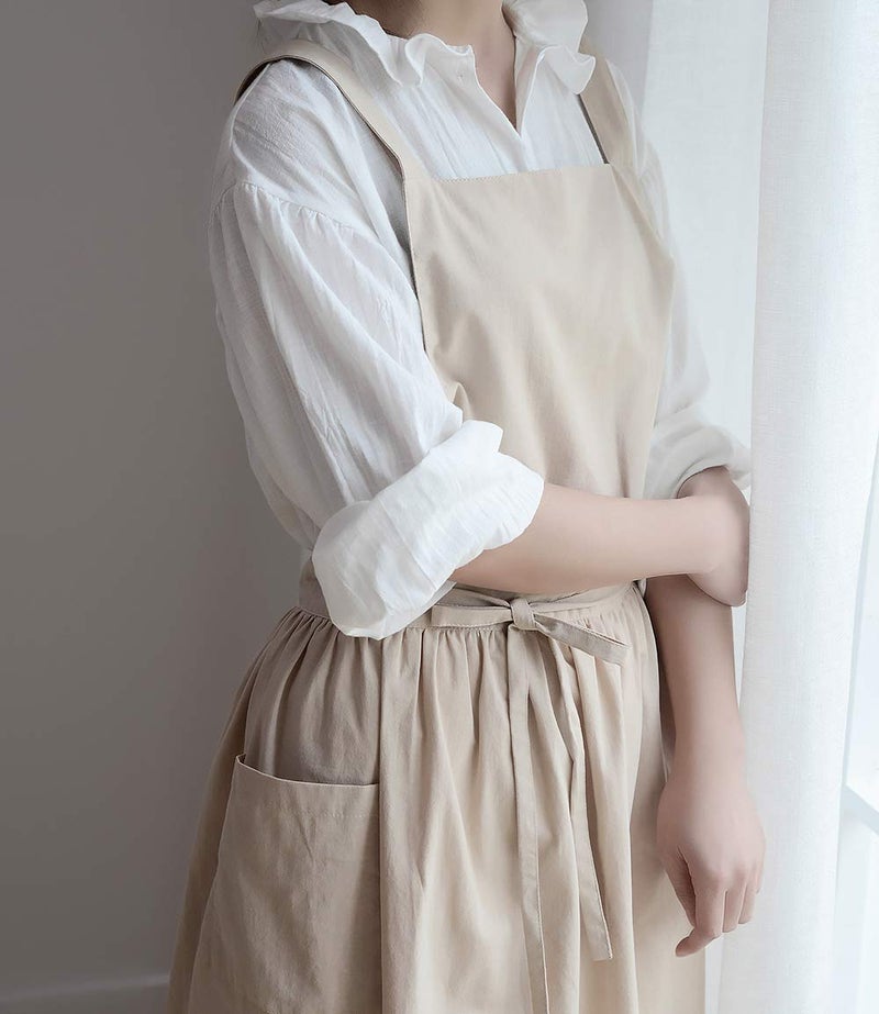 losofar Cotton Pleated Apron Retro Waterdrop Proof Garden Cleaning Pinafore Dress (Wheat  103cmx86cm) - Image 2