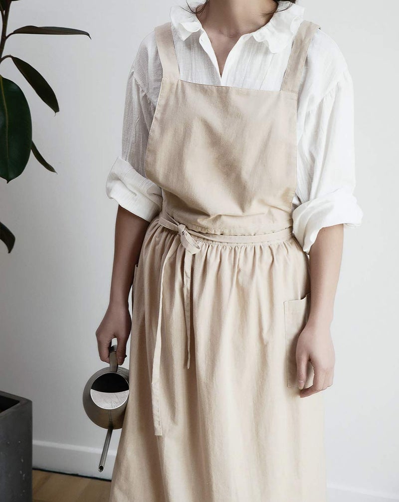 losofar Cotton Pleated Apron Retro Waterdrop Proof Garden Cleaning Pinafore Dress (Wheat  103cmx86cm) - Image 4