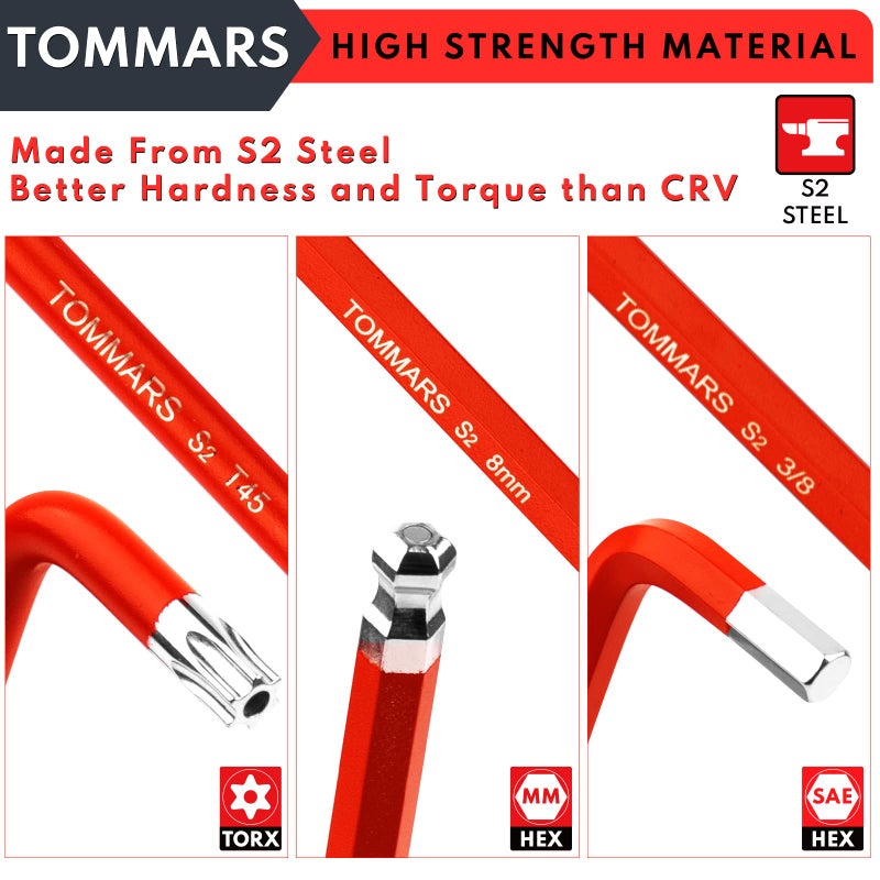 Tommars Hex Key Set Magnetic Ball End S2 Steel With T-Handle Hex Key Allen Wrench Set Sae(1/16""-3/8"") Metric(1.5Mm-10Mm) Torx(T10-T50) - Image 4