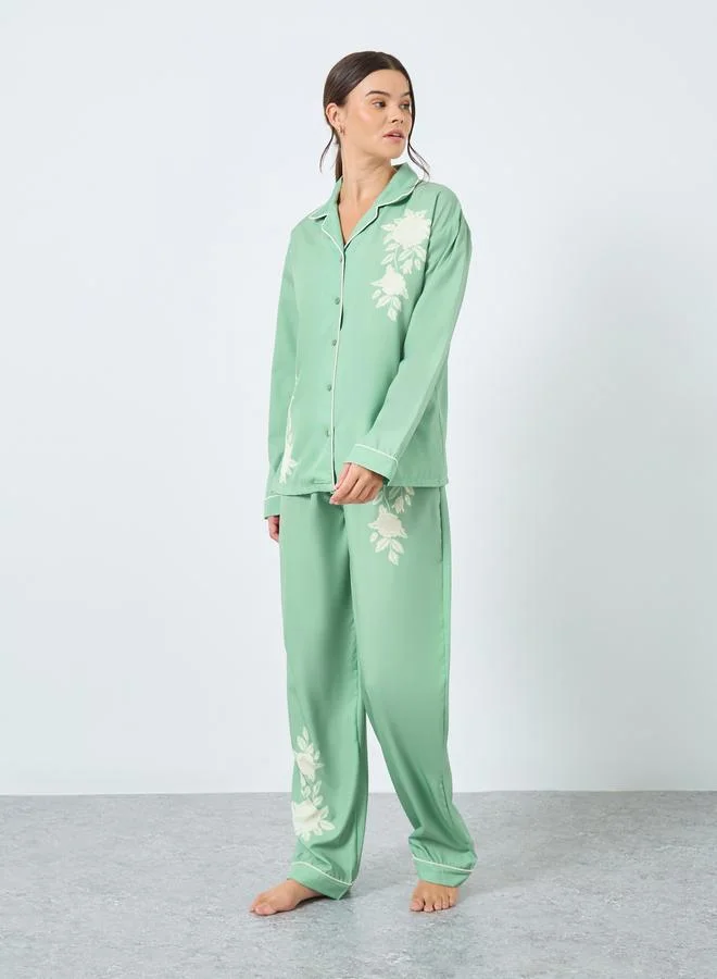 Styli Styli Placement Floral Button Through Shirt and Pyjama Set