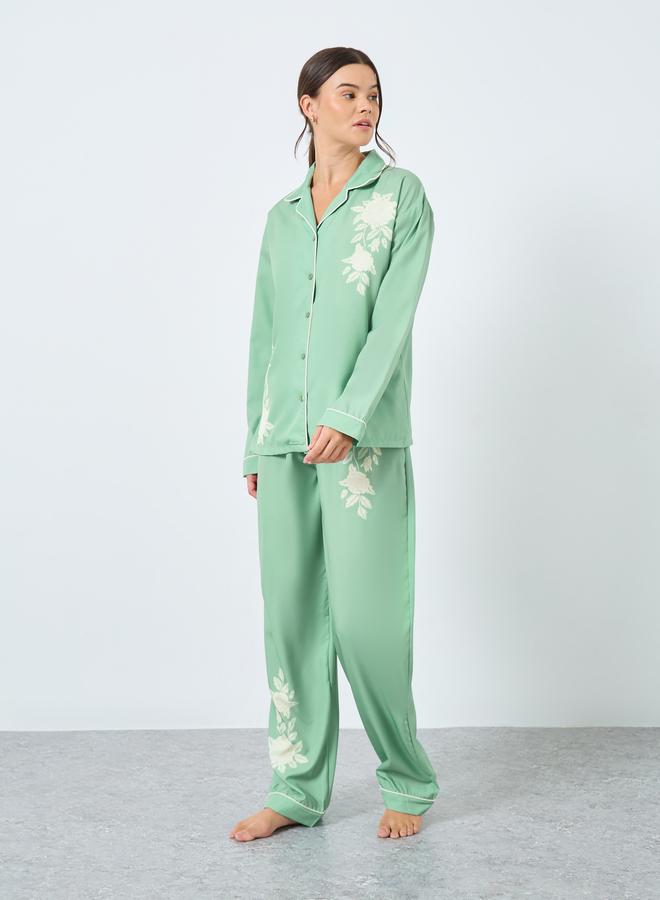 Styli Placement Floral Button Through Shirt and Pyjama Set - Image 1