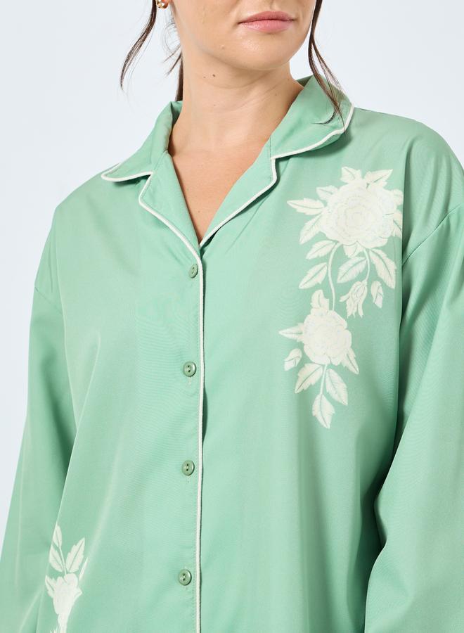 Styli Placement Floral Button Through Shirt and Pyjama Set - Image 3