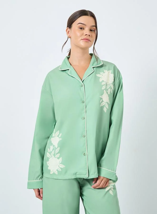 Styli Styli Placement Floral Button Through Shirt and Pyjama Set