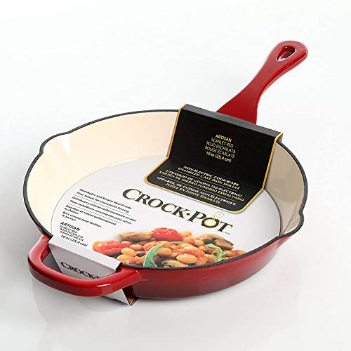 Crock-Pot 10 Inch Enameled Cast Iron Skillet with Handles - Ideal for Searing, Roasting, Frying - Even Heat Distribution, Pour Spouts - Oven-Safe & Stovetop Safe (Red) - Image 3