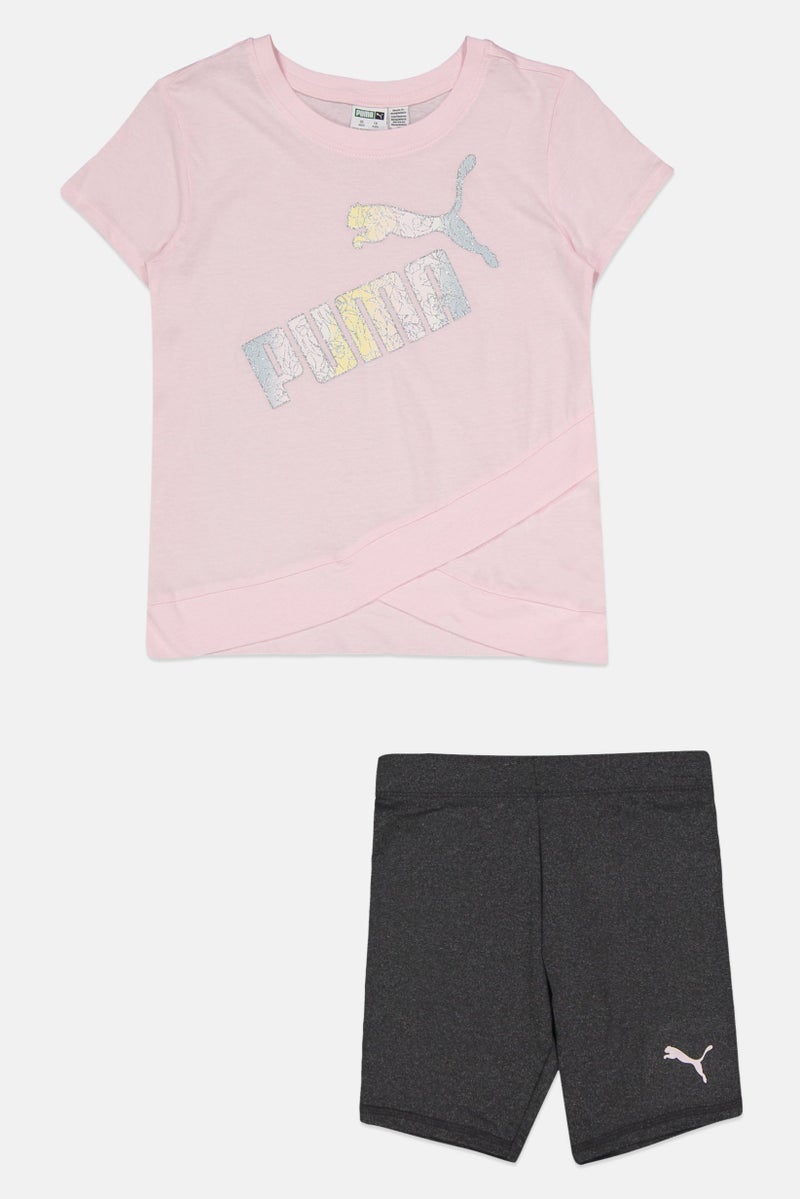 PUMA Kids Girl 2 Pieces Sportswear Fit Brand Logo Jersey Set, Pink/Charcoal - Image 1