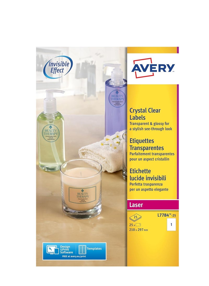 AVERY - Avery L7784-25 Self-Adhesive Crystal Clear Transparent Labels, 1 Label Per A4 Sheet - Image 1