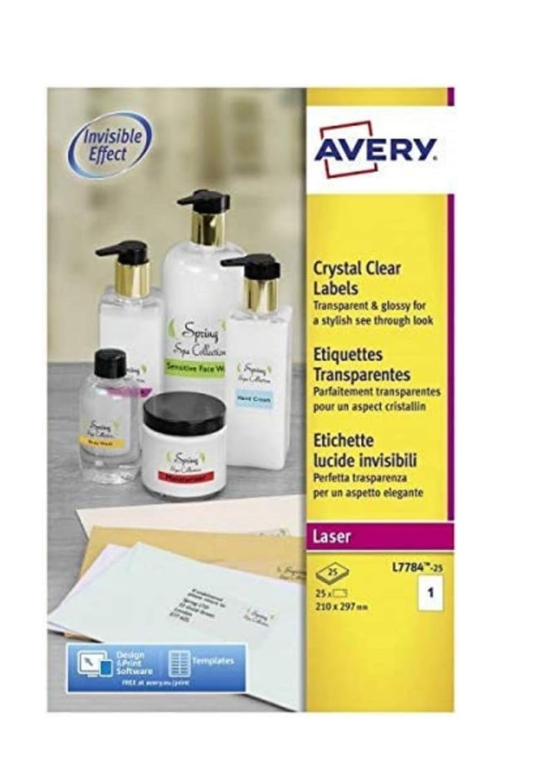 AVERY - Avery L7784-25 Self-Adhesive Crystal Clear Transparent Labels, 1 Label Per A4 Sheet - Image 1