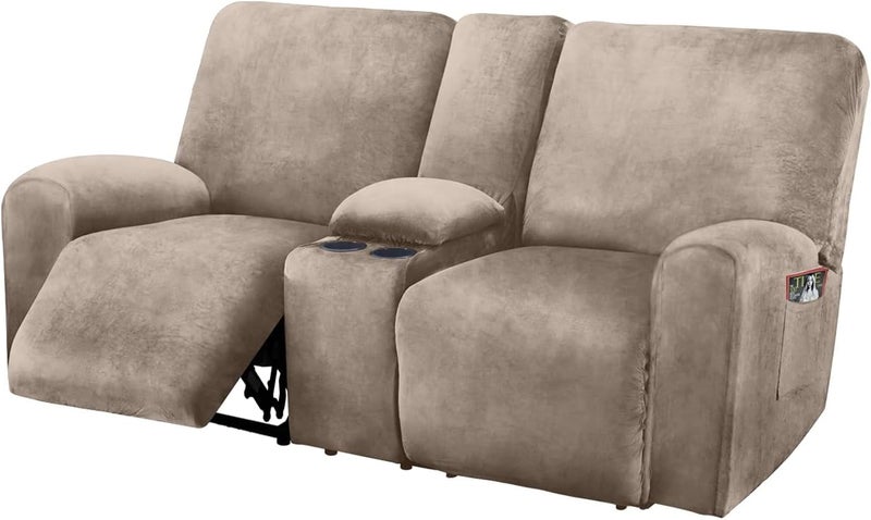 ULTICOR ULTICOR Reclining Love Seat with Middle Console Slipcover 8Piece Velvet Stretch Loveseat Reclining Sofa Covers 2 seat Love seat Recliner Cover Thick Soft Washable Love seat Slipcovers Taupe  - Image 1