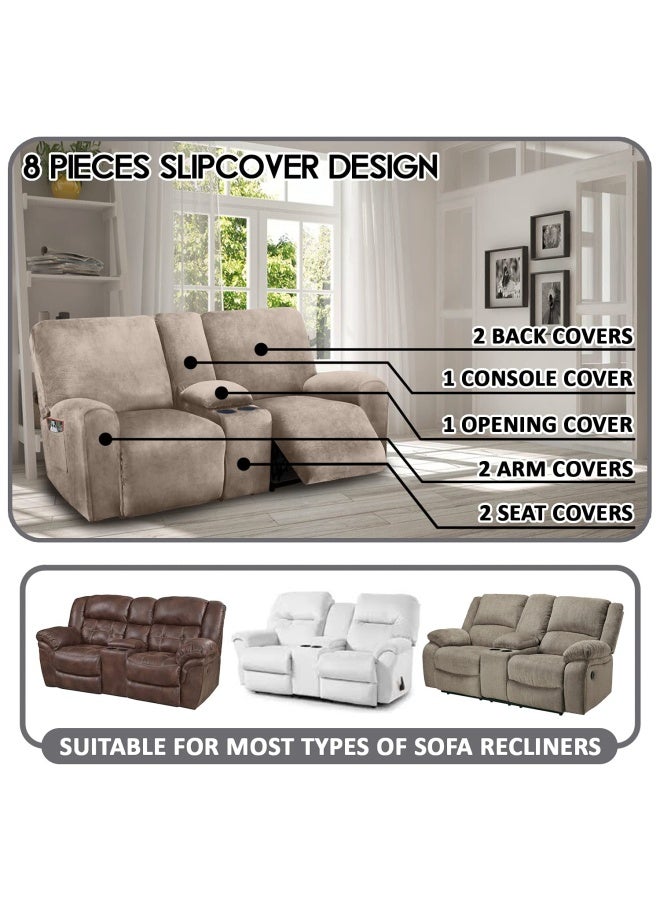 ULTICOR ULTICOR Reclining Love Seat with Middle Console Slipcover 8Piece Velvet Stretch Loveseat Reclining Sofa Covers 2 seat Love seat Recliner Cover Thick Soft Washable Love seat Slipcovers Taupe  - Image 2