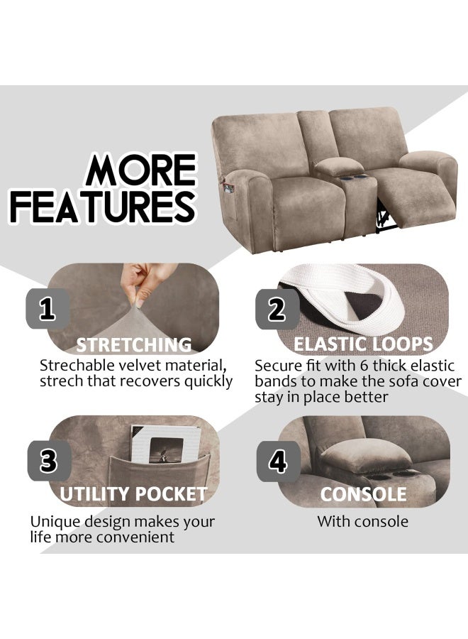 ULTICOR ULTICOR Reclining Love Seat with Middle Console Slipcover 8Piece Velvet Stretch Loveseat Reclining Sofa Covers 2 seat Love seat Recliner Cover Thick Soft Washable Love seat Slipcovers Taupe  - Image 4