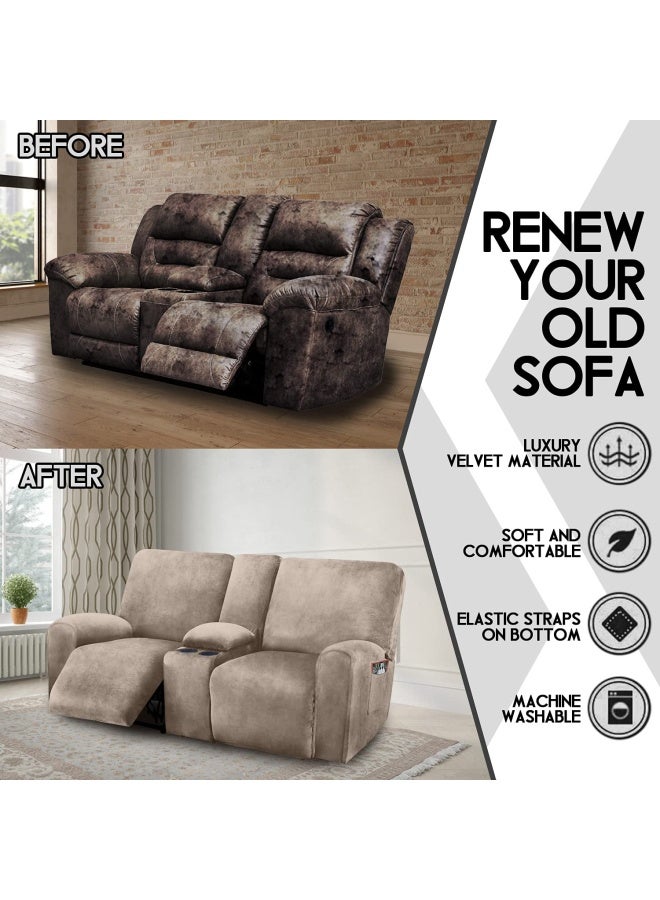 ULTICOR ULTICOR Reclining Love Seat with Middle Console Slipcover 8Piece Velvet Stretch Loveseat Reclining Sofa Covers 2 seat Love seat Recliner Cover Thick Soft Washable Love seat Slipcovers Taupe  - Image 3