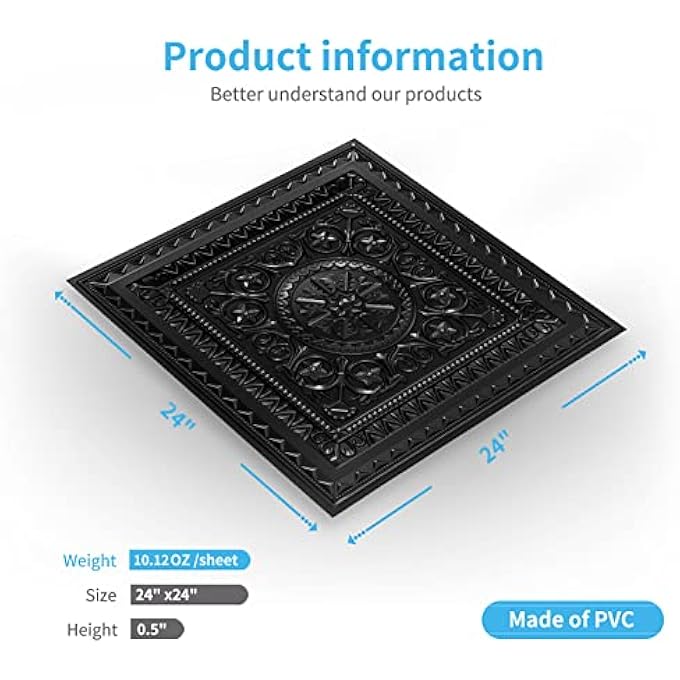 بلاط سقف قابل للصق بلاط سقف 61 × 61 سم بلاستيك أسود (12 قطعة، 4.5 م) - Image 3