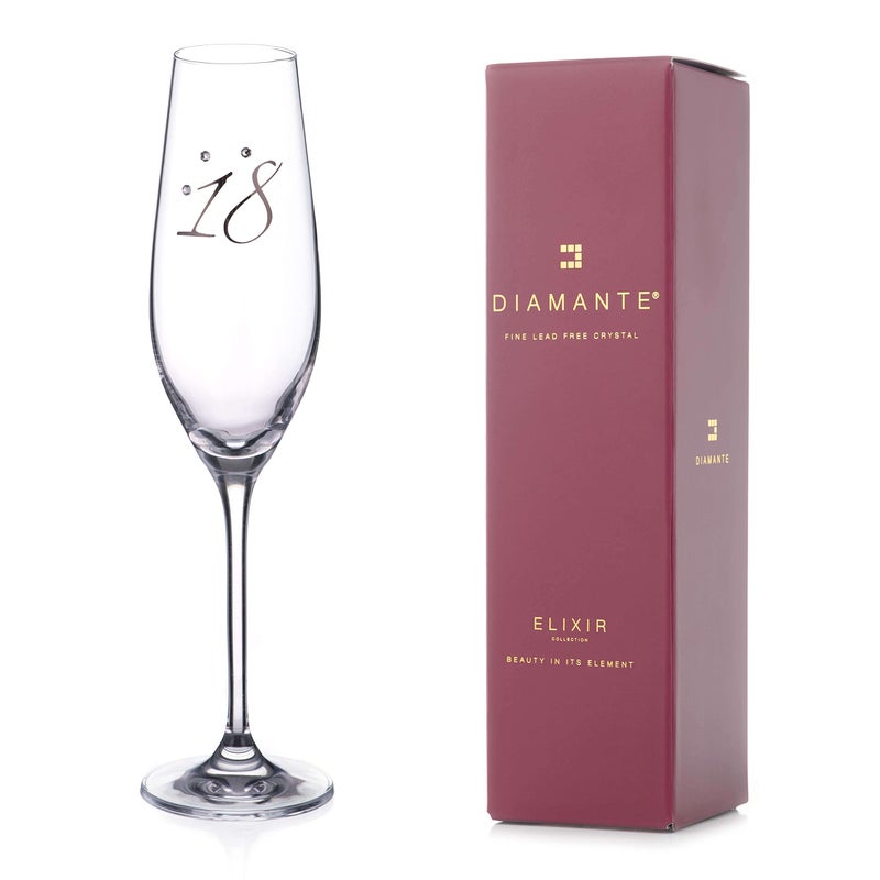 DIAMANTE Swarovski 18th Birthday Champagne Flute  Single Crystal Champagne Glass with Platinum 18 Embossed and Swarovski Crystals  Gift Boxed