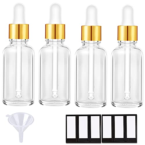 PrettyCare 4 Pack 1oz Dropper Bottles for Essential Oils 30 ml Clear Glass Essential Oils Bottles with Labels Funnels Empty Leak Proof Tincture Bottles for Personal Care Beauty - Image 1