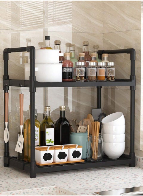 2-Tier Storage Shelf Organizer for Kitchen Bathroom Shelves Garage Home Pantry Closet Office.Multi Rack Stand Units with Hooks and Handle for Jar and Bottles