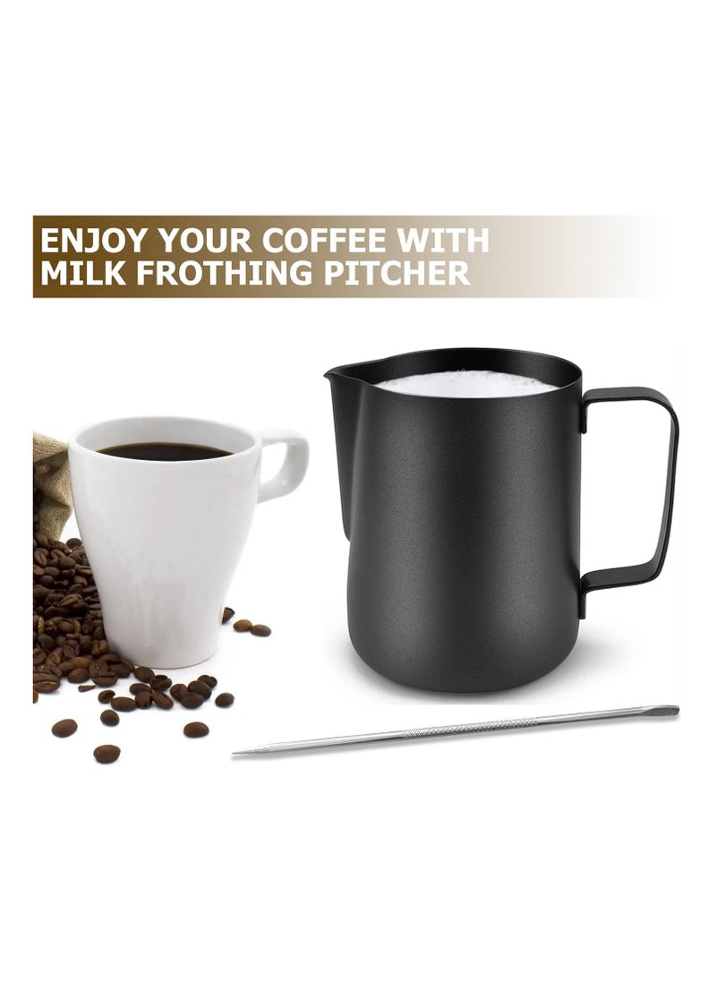 Folanry - Stainless Steel Milk Frothing Pitcher Espresso Steaming Pitchers, 12OZ/350ML Coffee Milk Frother Cup with Decorating Art Pen for Espresso Machines Latte Art(Matte Black) - Image 1