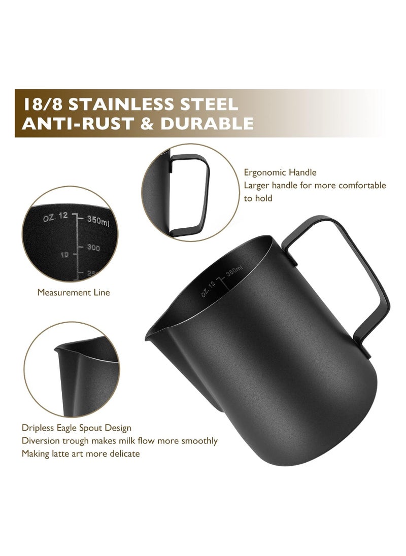 Folanry - Stainless Steel Milk Frothing Pitcher Espresso Steaming Pitchers, 12OZ/350ML Coffee Milk Frother Cup with Decorating Art Pen for Espresso Machines Latte Art(Matte Black) - Image 1