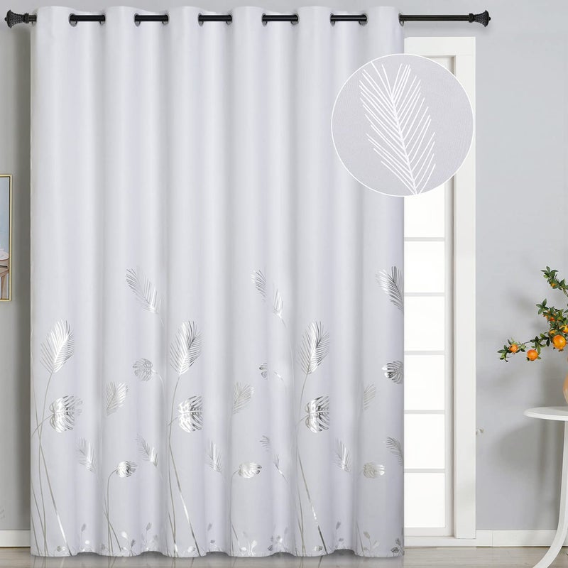 Estelar Textiler Greyish White Window Curtain for Sliding Door 80W x 84L Inch Long Room Darkening Silver Palm Tree Printed Thermal Insulated Blind for Patio 66ft Wide x 7ft Long 1 Panel