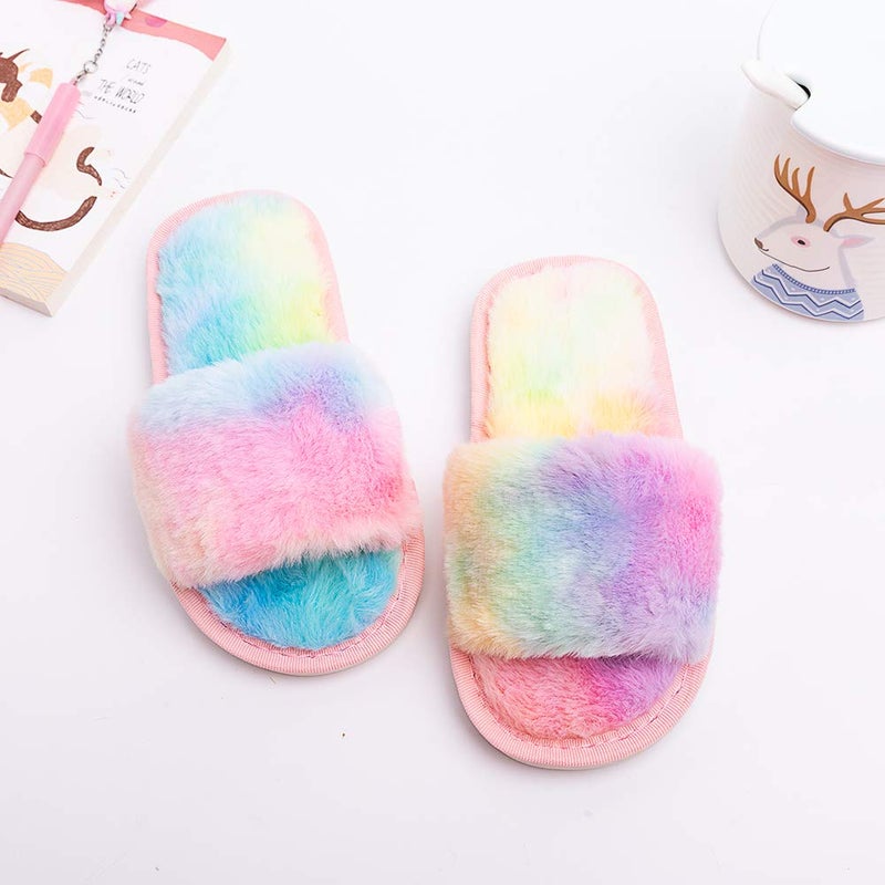 techcity Boys Girls Fuzzy House Slippers Cute Comfy Faux Fur Slip On Fluffy Plush Open Toe Home Slides for Kids Indoor Outdoor Warm Shoes (Rainbow, numeric_13_point_5) - Image 2