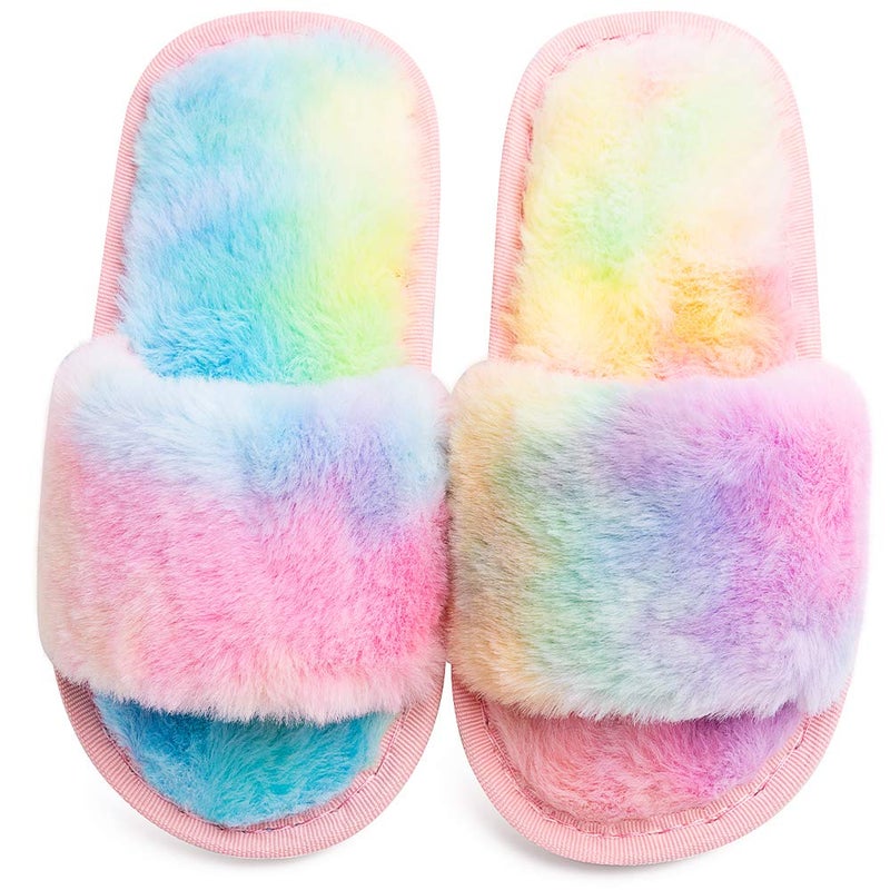 techcity Boys Girls Fuzzy House Slippers Cute Comfy Faux Fur Slip On Fluffy Plush Open Toe Home Slides for Kids Indoor Outdoor Warm Shoes (Rainbow, numeric_13_point_5) - Image 3