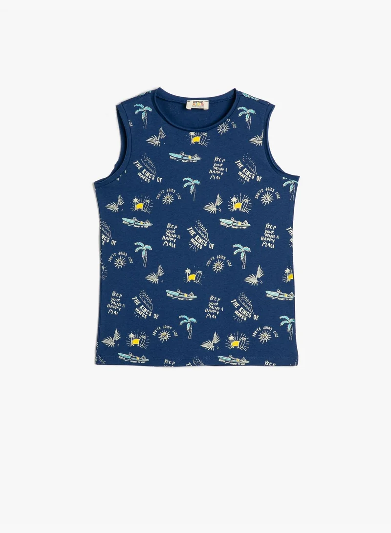 KOTON Tank Top Cotton Printed Crew Neck