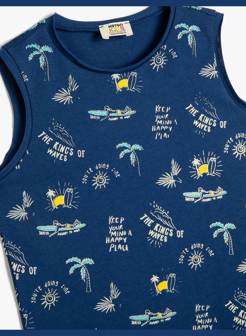 KOTON Tank Top Cotton Printed Crew Neck