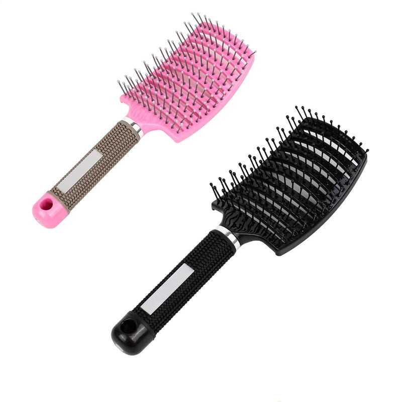 فرشاة شعر منحنية مع فتحات 2PCS مضادة للتجاعيد لفك تشابك الشعر للرطب أو الجاف باللون الأسود والوردي