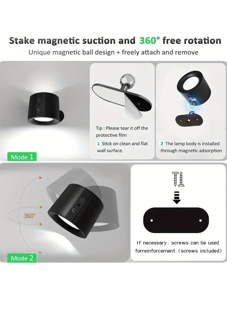 Arabest Smart Lights,Wall Mounted Lights Rechargeable Battery Operated,Rechargeable 3 Color Temperatures Dimmable Magnetic 360° Rotation Cordless for Bedroom Reading Study Bedside (Black) - Image 4