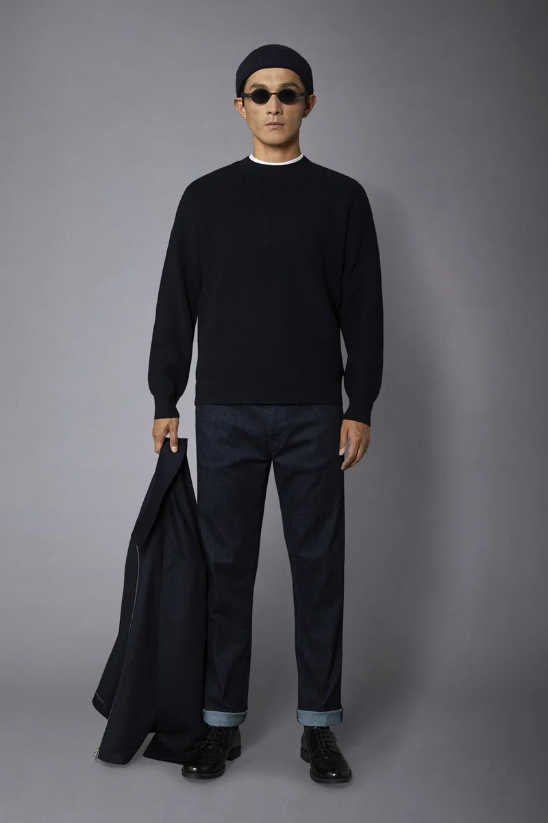 Men's roundneck sweater with English rib knitting regular fit - DK Blue