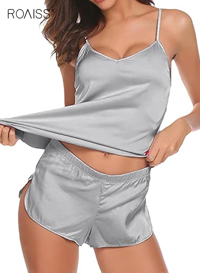 roaiss Summer Pajamas Womens Lingerie Satin Sleepwear Silk Cami Split Shorts Set Soft Sleep Pjs 2 Piece Nightwear Gift V-Neck Strapless Sleeveless Top for Women Solid Grey - Image 4