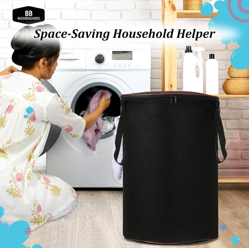 BB BACKBENCHERS Heavy Duty Laundry Basket | Large Round Collapsible Storage Hamper | for Blankets, Toys & Laundry | Foldable Home Organizer for Dorm, Apartment | Black - Image 4