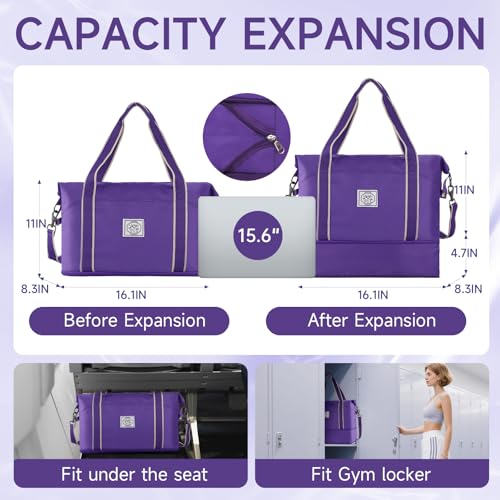 WALNEW Travel Duffel Bag, Weekender Overnight Carry On Bag for Women Men, Foldable Waterproof Gym Luggage Duffle Bag with Metal Buckle Detachable Shoulder Strap and Wet Compartment (Purple) - Image 2