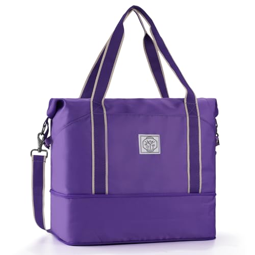 WALNEW Travel Duffel Bag, Weekender Overnight Carry On Bag for Women Men, Foldable Waterproof Gym Luggage Duffle Bag with Metal Buckle Detachable Shoulder Strap and Wet Compartment (Purple) - Image 1