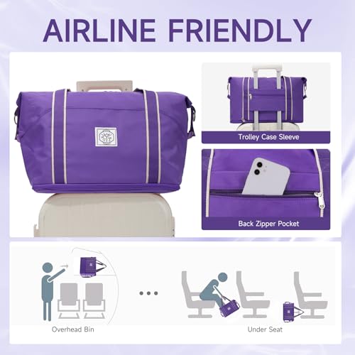 WALNEW Travel Duffel Bag, Weekender Overnight Carry On Bag for Women Men, Foldable Waterproof Gym Luggage Duffle Bag with Metal Buckle Detachable Shoulder Strap and Wet Compartment (Purple) - Image 4