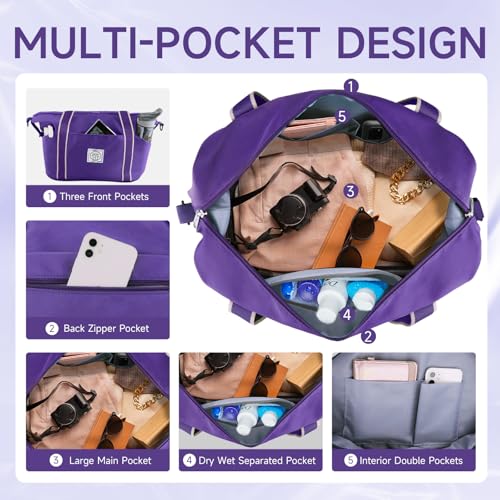 WALNEW Travel Duffel Bag, Weekender Overnight Carry On Bag for Women Men, Foldable Waterproof Gym Luggage Duffle Bag with Metal Buckle Detachable Shoulder Strap and Wet Compartment (Purple) - Image 5