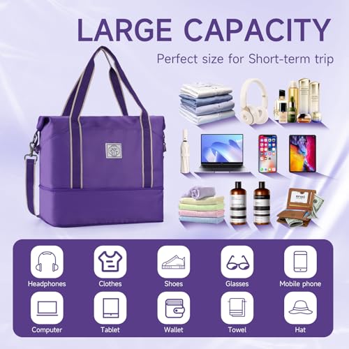 WALNEW Travel Duffel Bag, Weekender Overnight Carry On Bag for Women Men, Foldable Waterproof Gym Luggage Duffle Bag with Metal Buckle Detachable Shoulder Strap and Wet Compartment (Purple) - Image 3