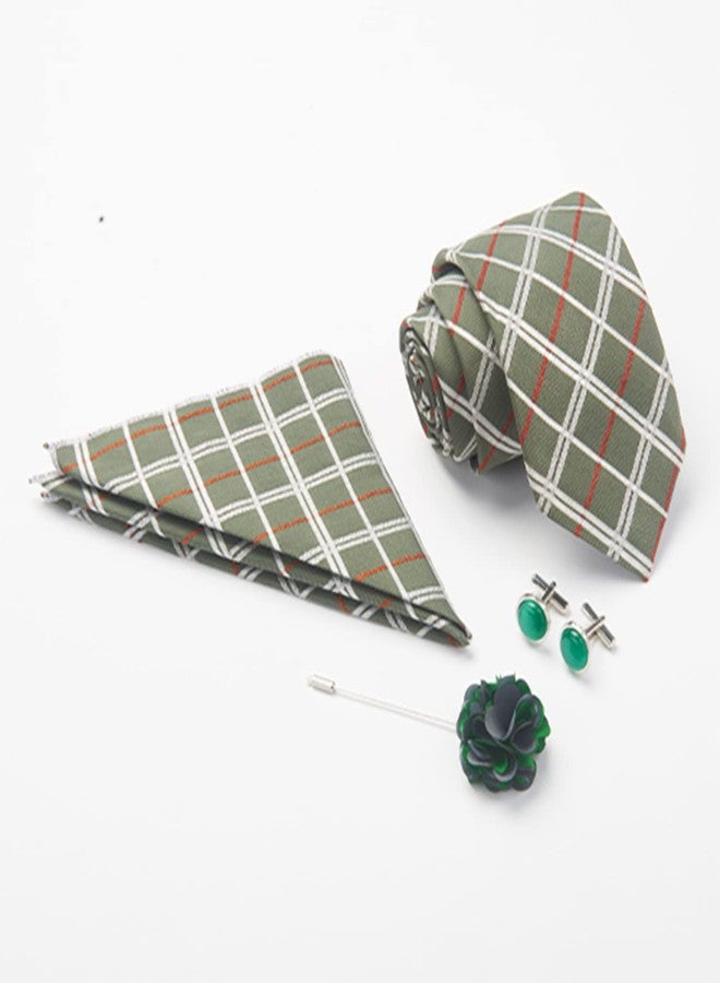 BLACKSMITH Tie, Cufflink, Pocket Square, Lapel Pin, Set of 4 for Men [ Free Size ] (MA CHECKS GREEN) - Image 5