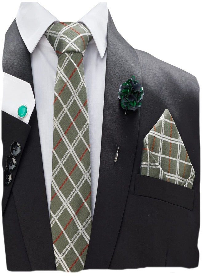 BLACKSMITH Tie, Cufflink, Pocket Square, Lapel Pin, Set of 4 for Men [ Free Size ] (MA CHECKS GREEN) - Image 1
